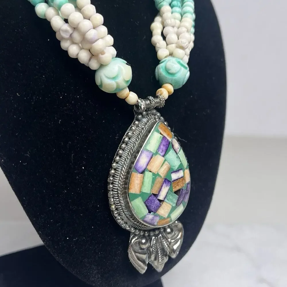 Mosaic Teardrop Pendant Western Tribal Multi Strand Beaded Necklace Silver Tone